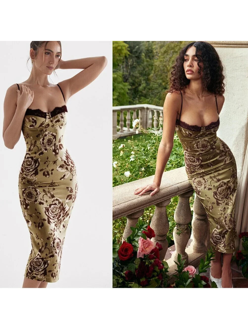 NEW, House of CB Floral Print Midi Dress in Green/brown SZ L #MD2364 - Picture 1 of 11